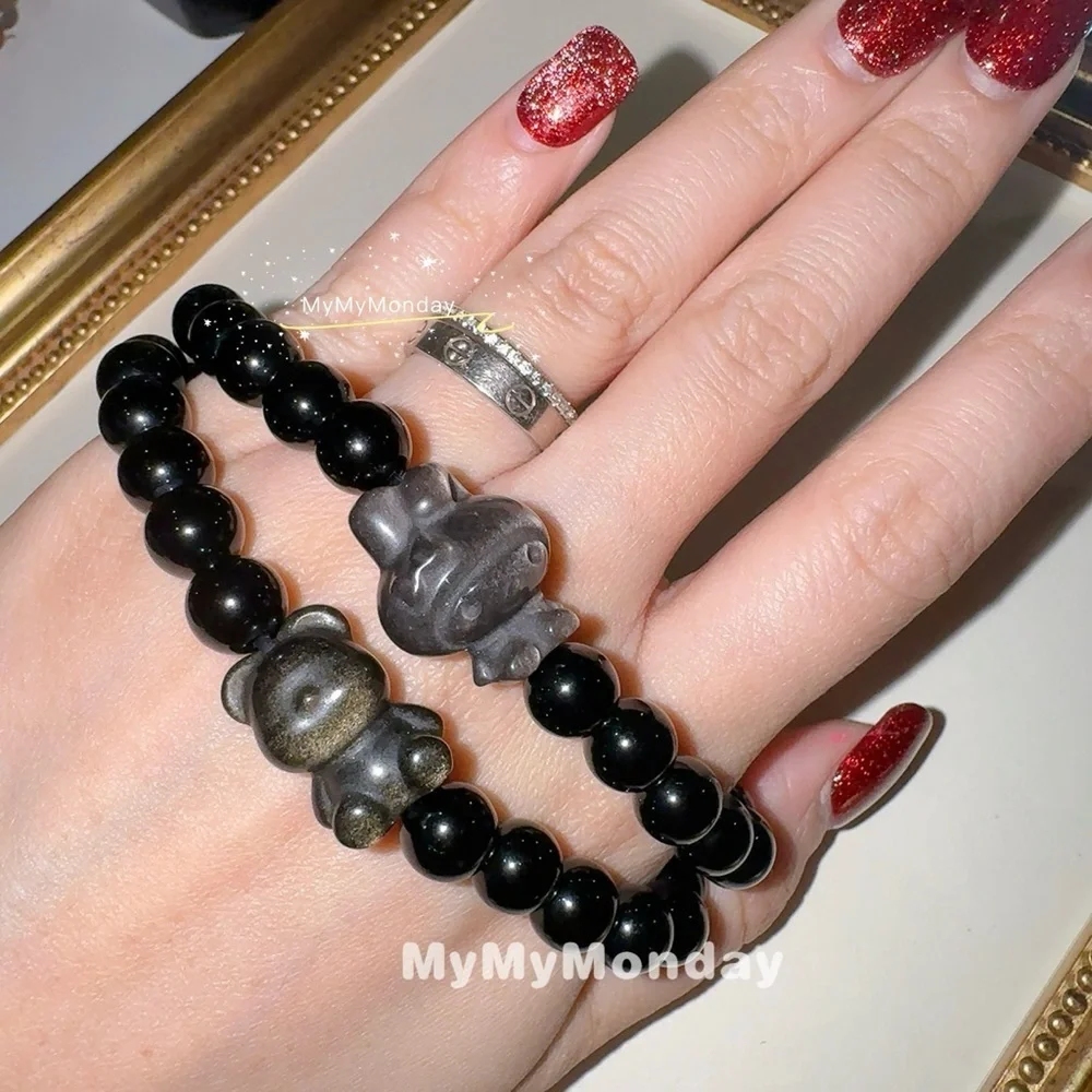 Gold Obsidian Bear and Black Obsidian Bracelet 8mm